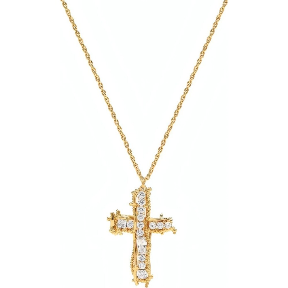 Gold Tone Virgin Mary Cross Clear Crystal Pendant Necklace 14-18 Inch Women